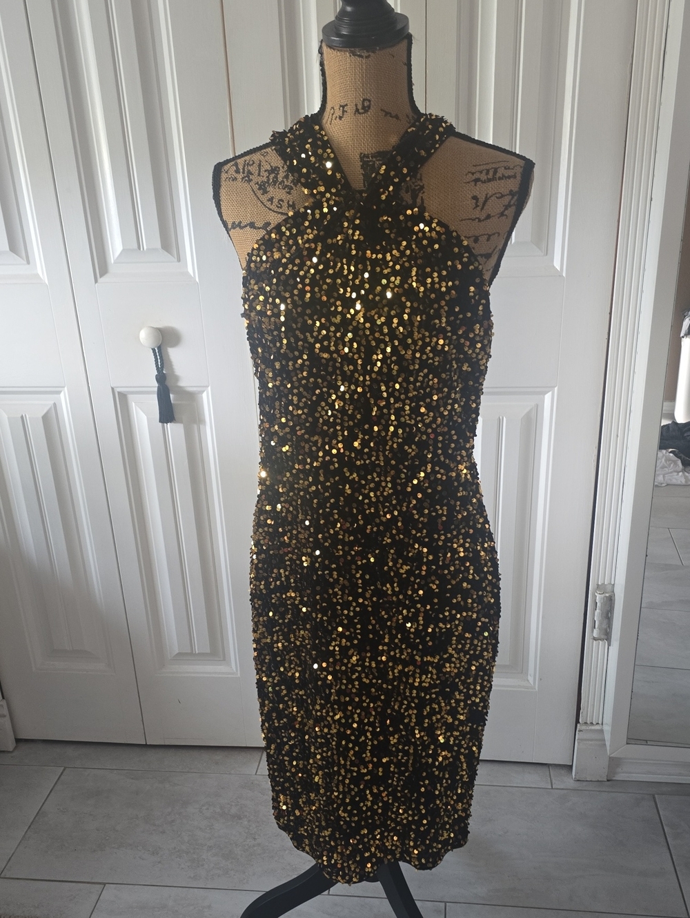 Grace Karin Black and Gold Sequin Halter Midi Dress with Crisscross Neck